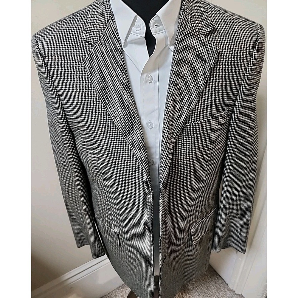 Jos A Bank 40R Silk Wool Blazer Sport Coat Beige Black Houndstooth 3-Button